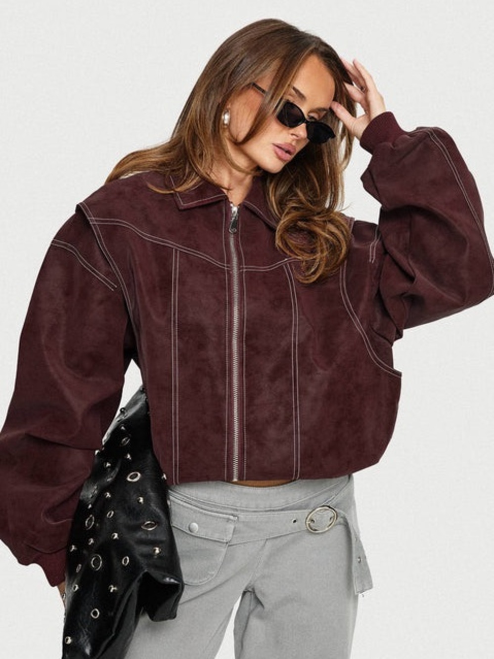 LIONESS Vista Bomber Jacket in Shiraz purple red leather